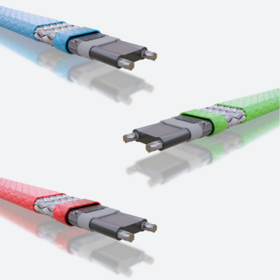 Heat trace cables in multiple color variations (blue, green, red) illustrating different HLT heat tracing options and configurations.